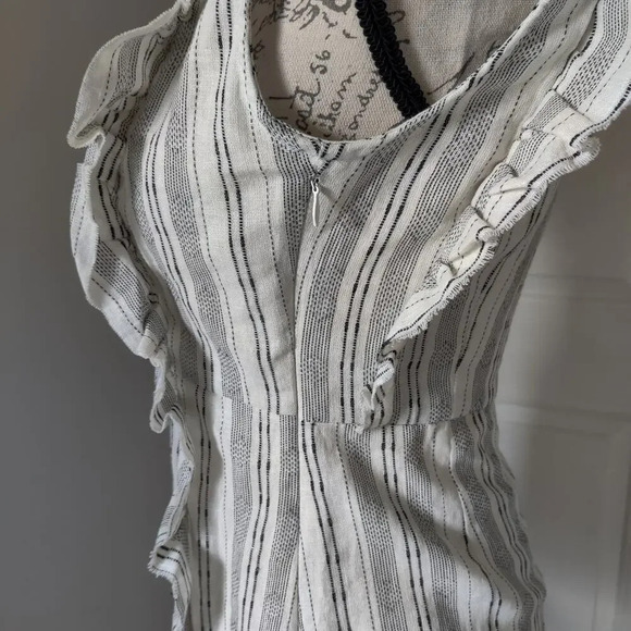 Linen Blend Sleeveless One Shoulder Mini Dress Ruffle Pinstripe Black & white S - Picture 6 of 14